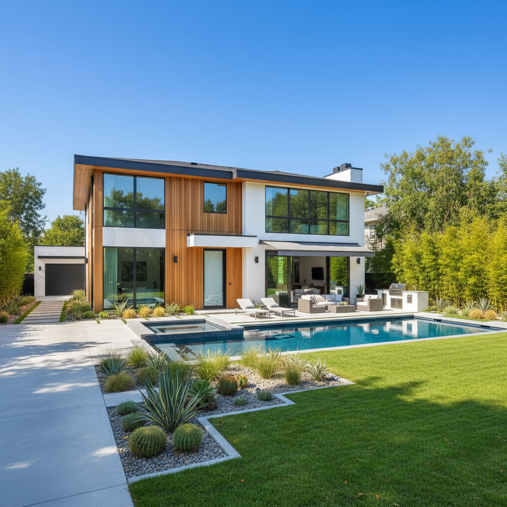 Modern home exterior with outdoor dining